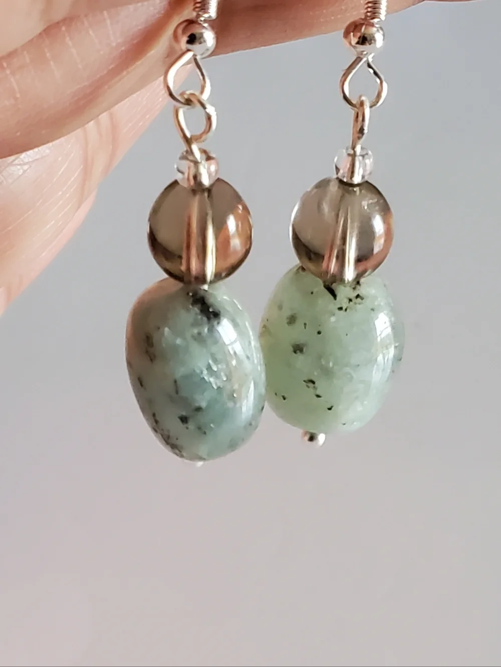 NEW Natural Jadeite & Smoky Quarts Gemstone Drop Earrings - Picture 5 of 5